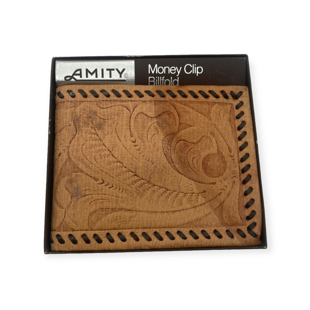 Vintage Amity Tooled Natural Leather Billfold Bi-Fold Brown